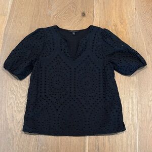 Banana Republic Black Eyelet V-Neck Puff Sleeve Top